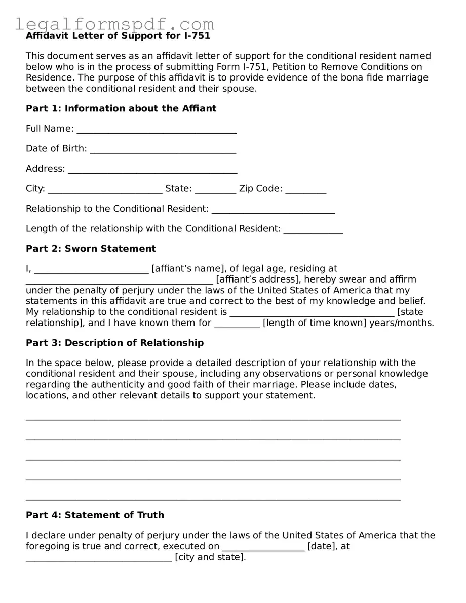 Official Affidavit Letter of Support for I-751 Document