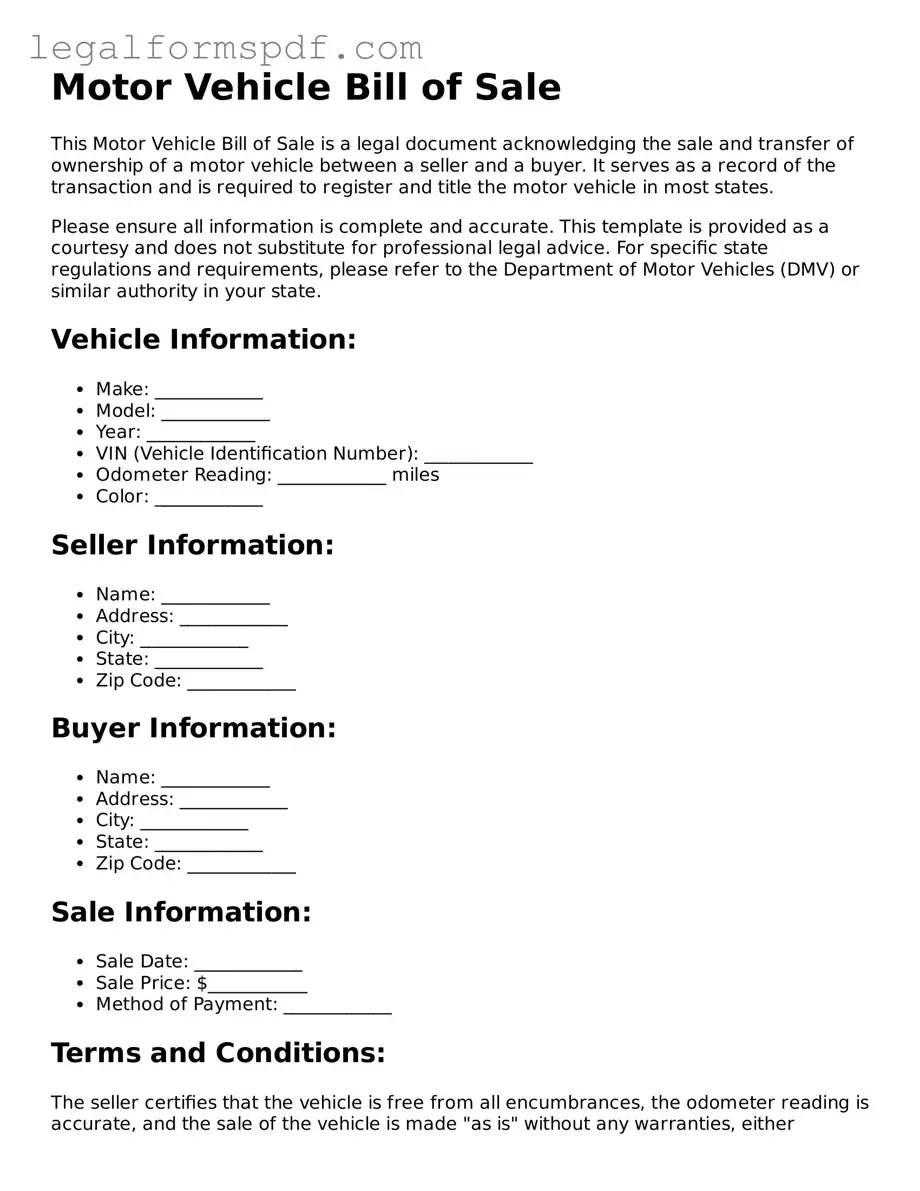 Official Motor Vehicle Bill of Sale Document
