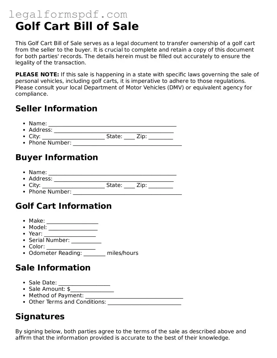 Official Golf Cart Bill of Sale Document