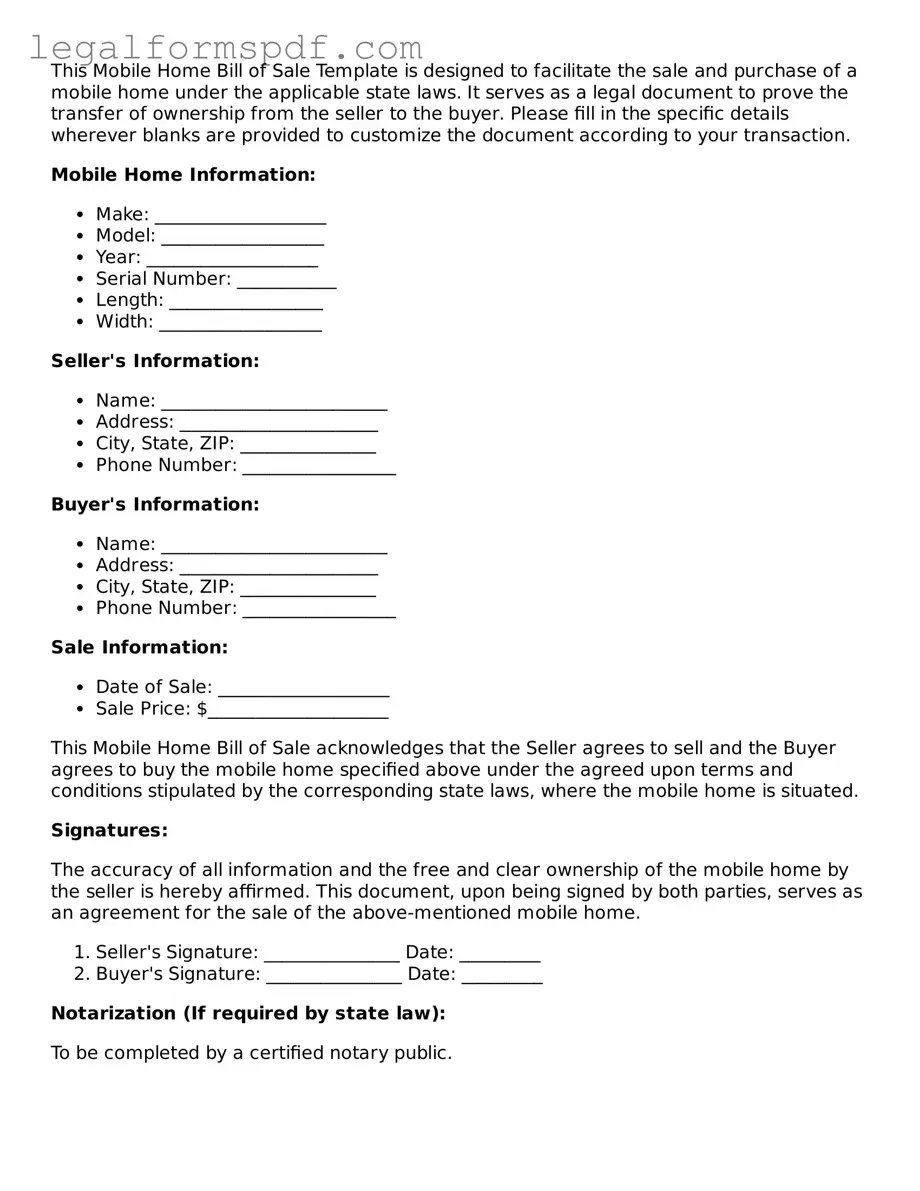 Official Mobile Home Bill of Sale Document