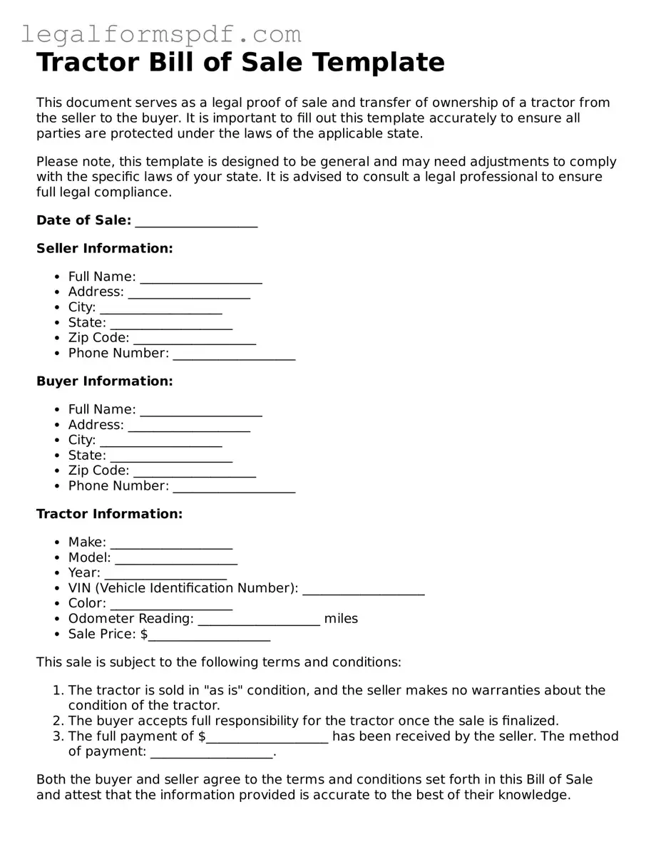 Official Tractor Bill of Sale Document