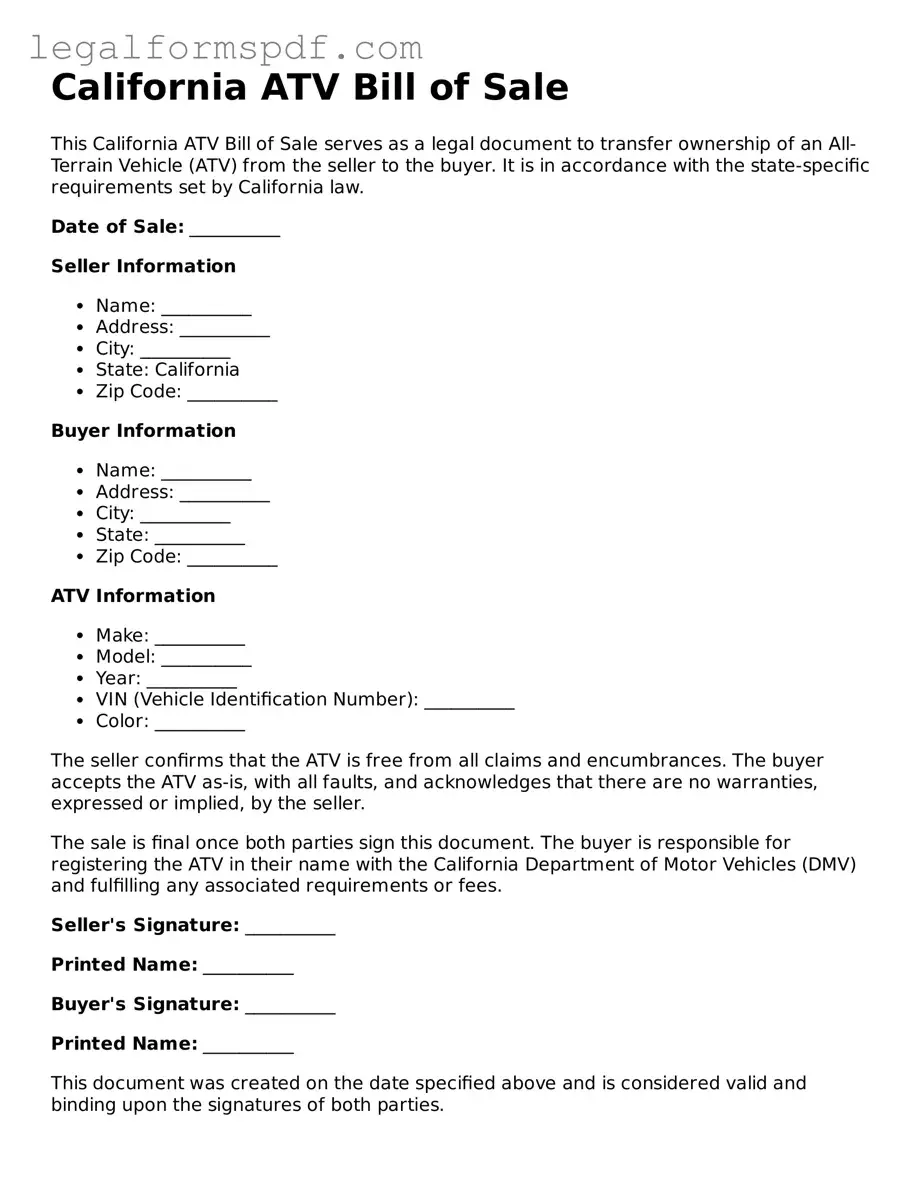 Fillable  ATV Bill of Sale Document for California