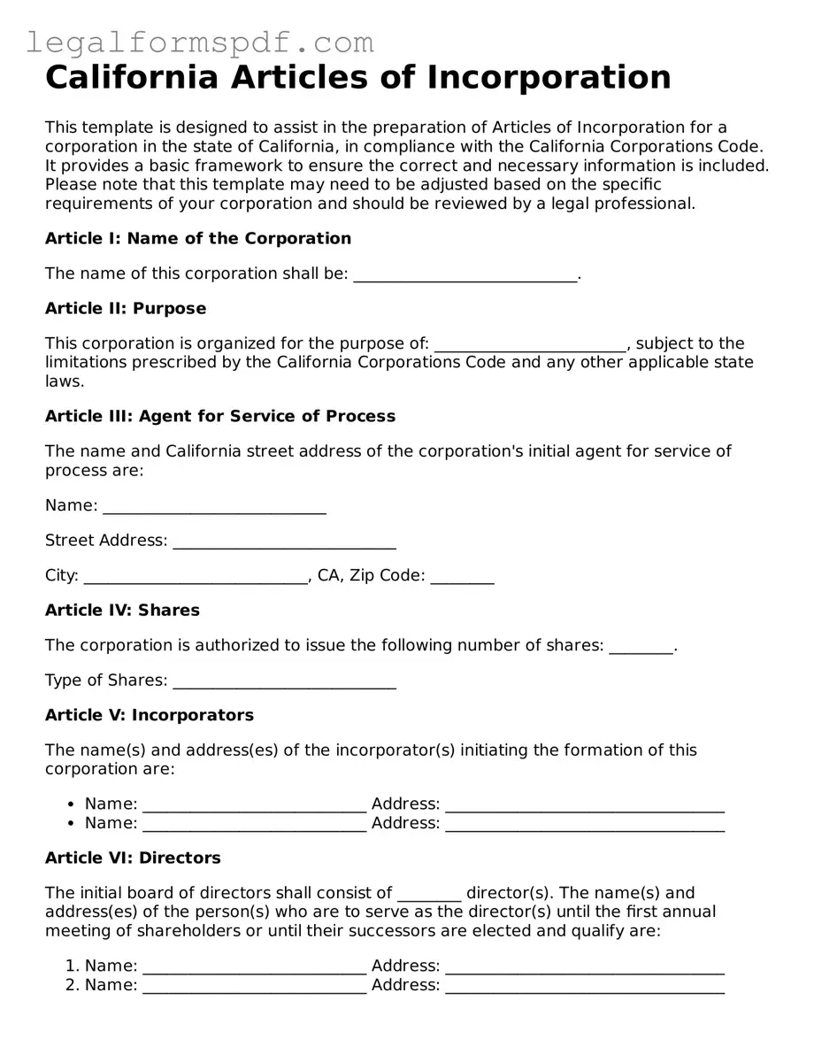 Fillable  Articles of Incorporation Document for California