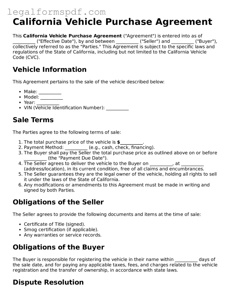 Fillable  Vehicle Purchase Agreement Document for California