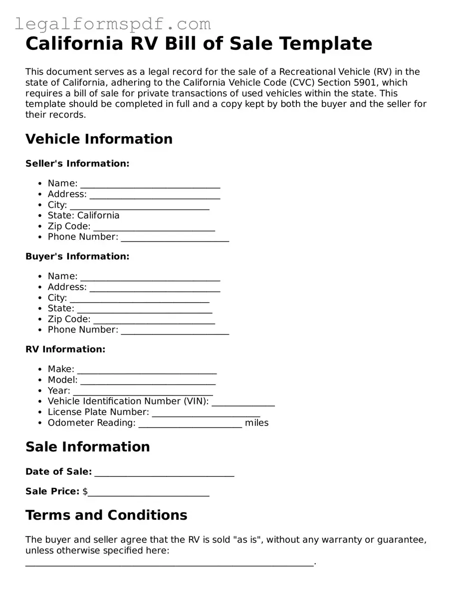 Fillable  RV Bill of Sale Document for California