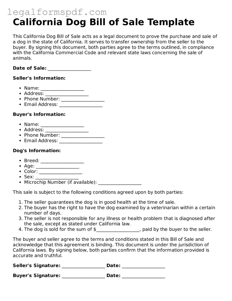 Fillable  Dog Bill of Sale Document for California