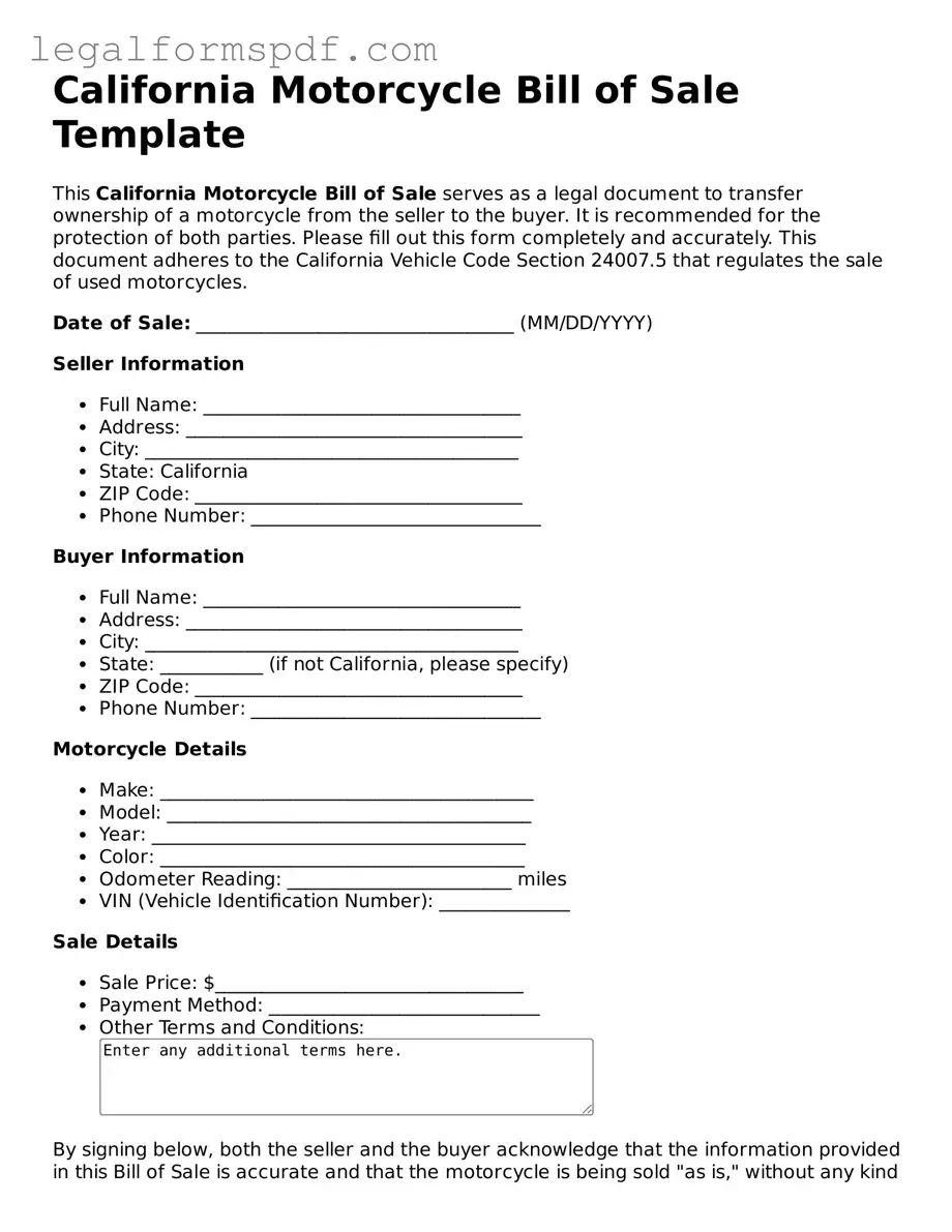 Fillable  Motorcycle Bill of Sale Document for California