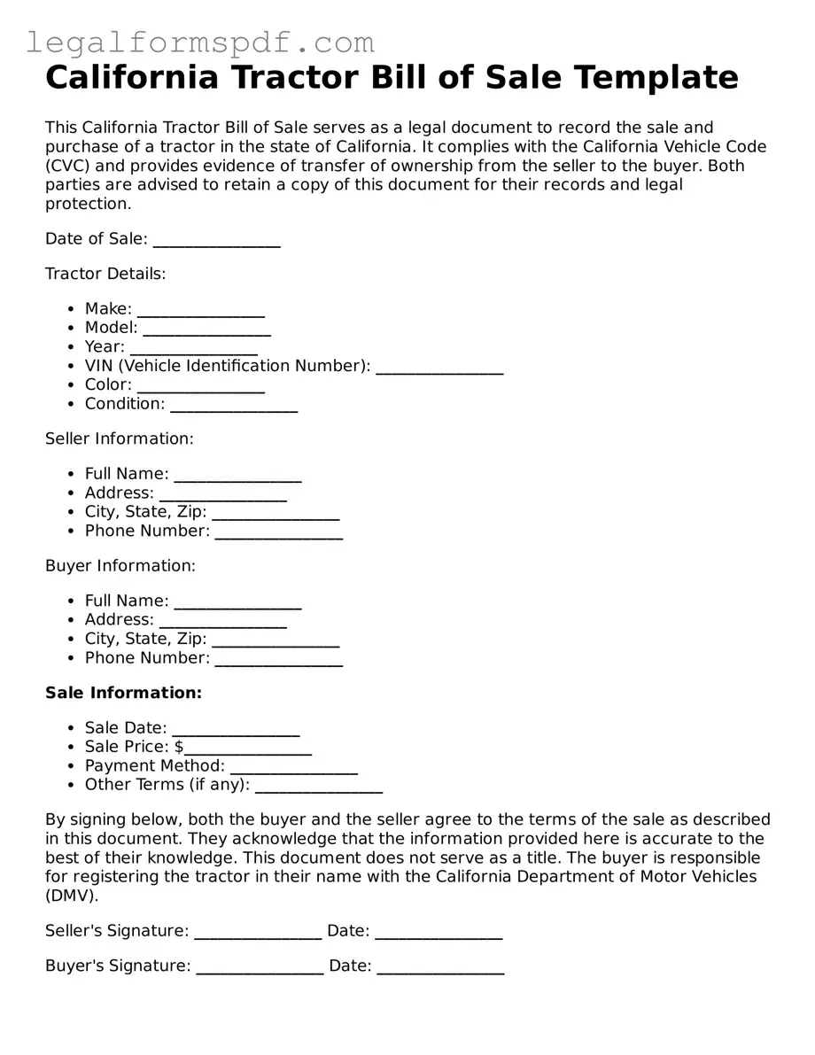 Fillable  Tractor Bill of Sale Document for California