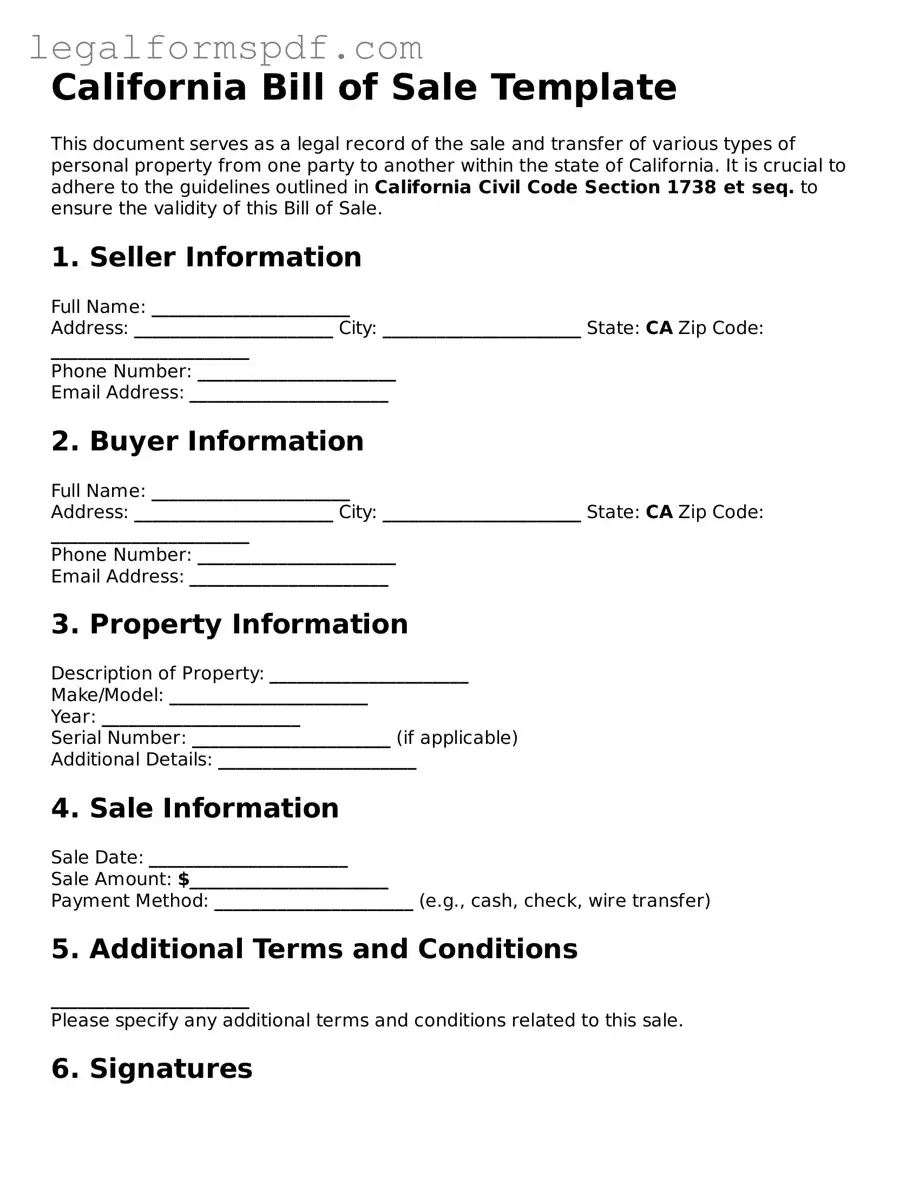 Fillable  Bill of Sale Document for California