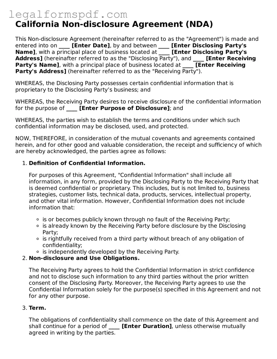Fillable  Non-disclosure Agreement Document for California
