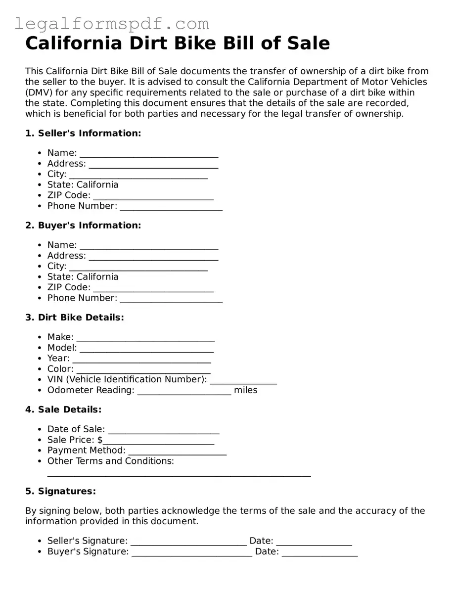 Fillable  Dirt Bike Bill of Sale Document for California
