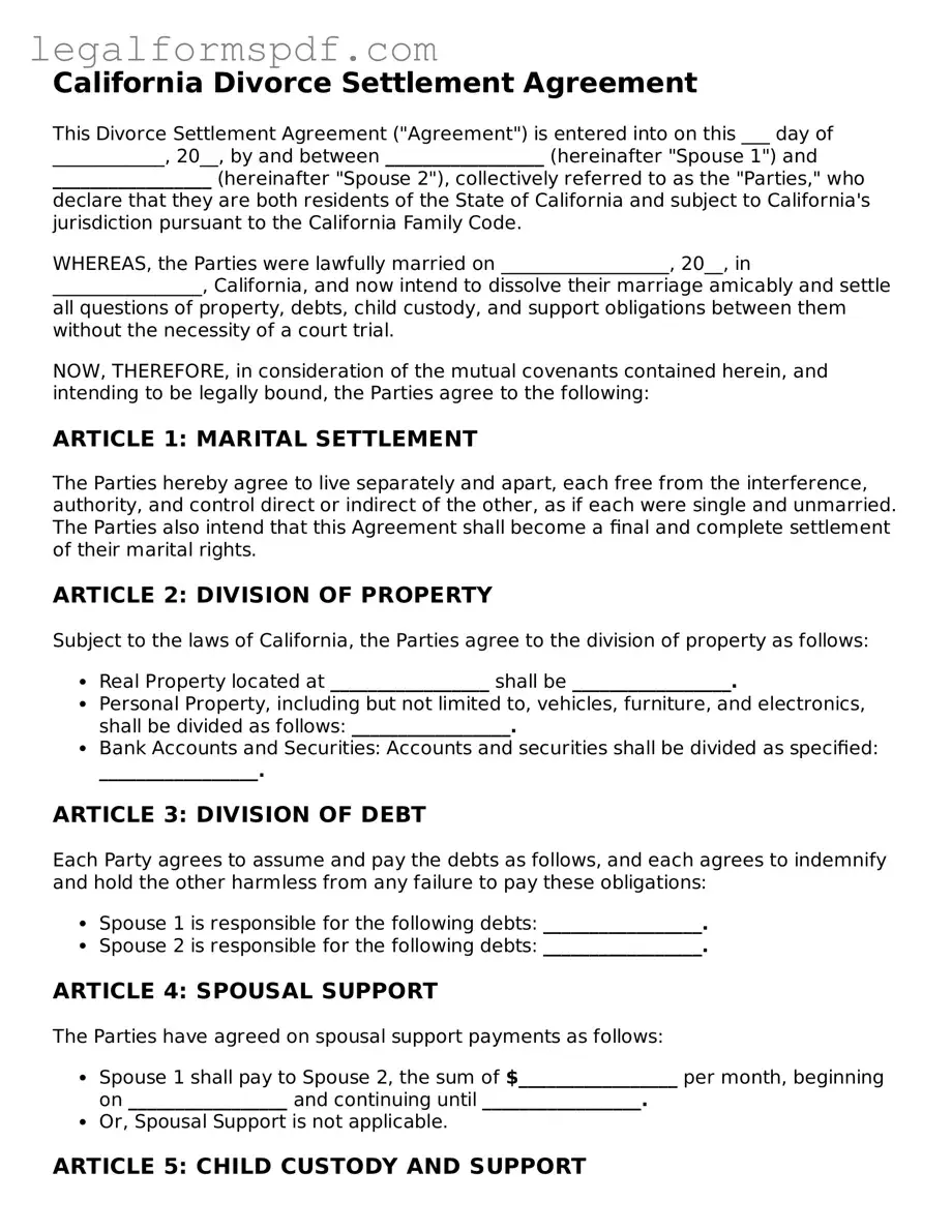 Fillable  Divorce Settlement Agreement Document for California