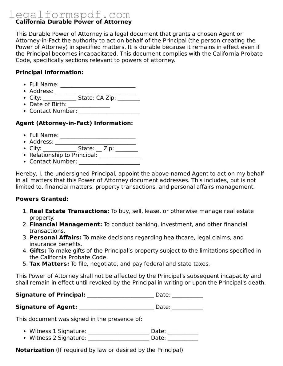 Fillable  Durable Power of Attorney Document for California