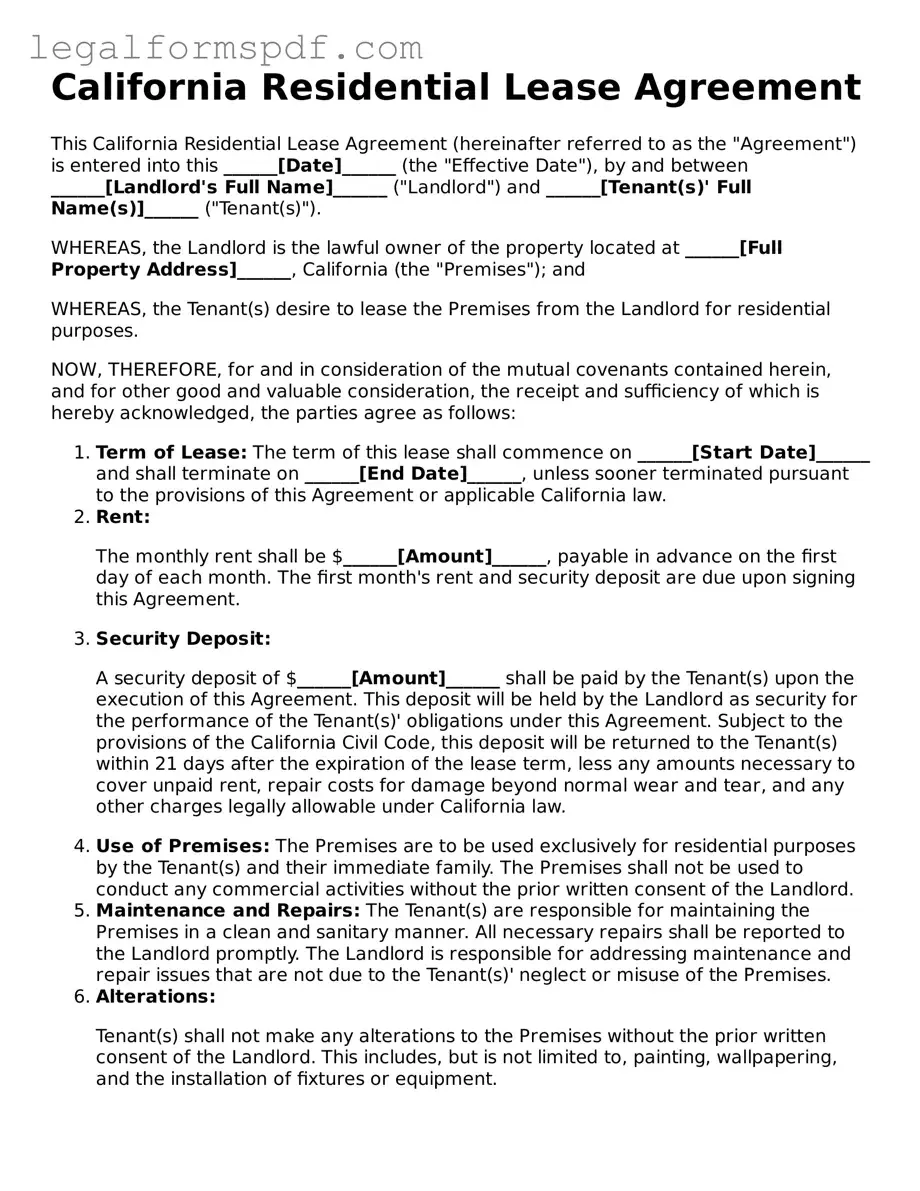 Fillable  Residential Lease Agreement Document for California