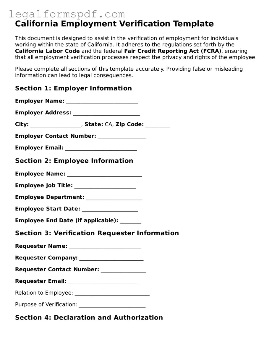 Fillable  Employment Verification Document for California