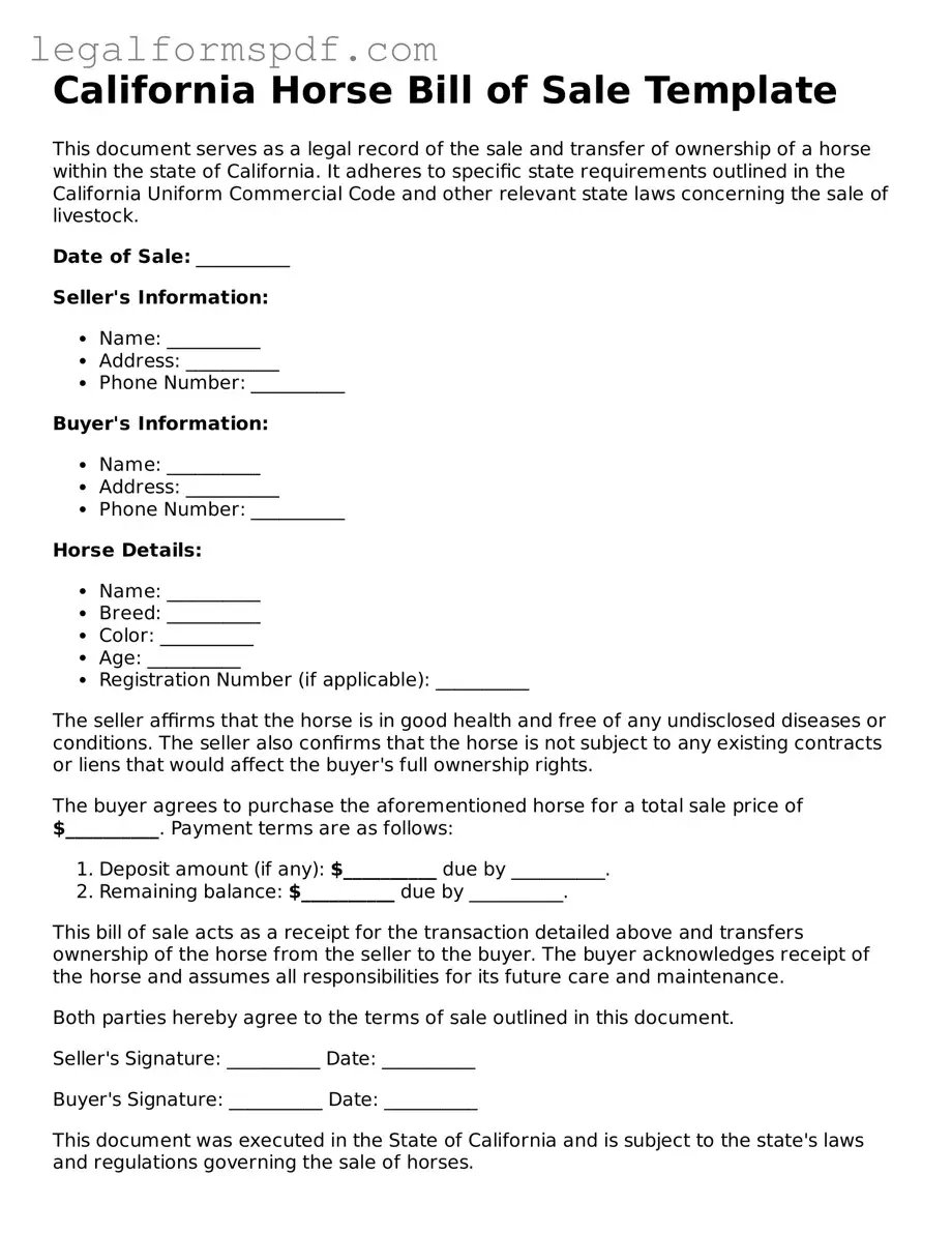 Fillable  Horse Bill of Sale Document for California