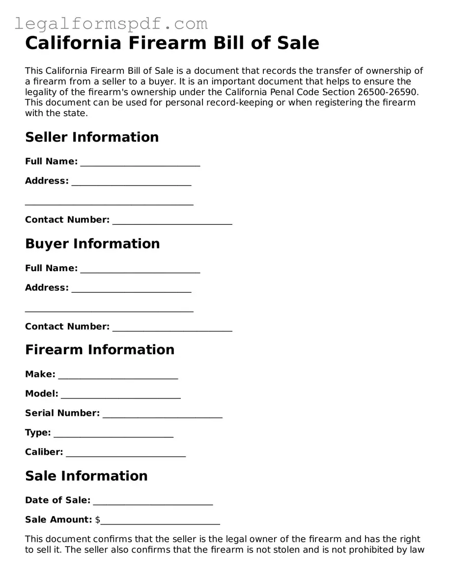 Fillable  Firearm Bill of Sale Document for California