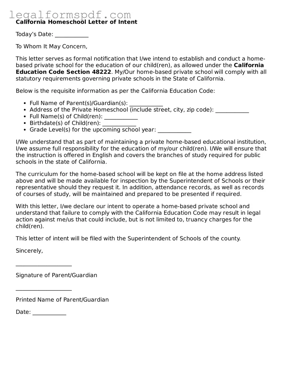 Fillable  Homeschool Letter of Intent Document for California