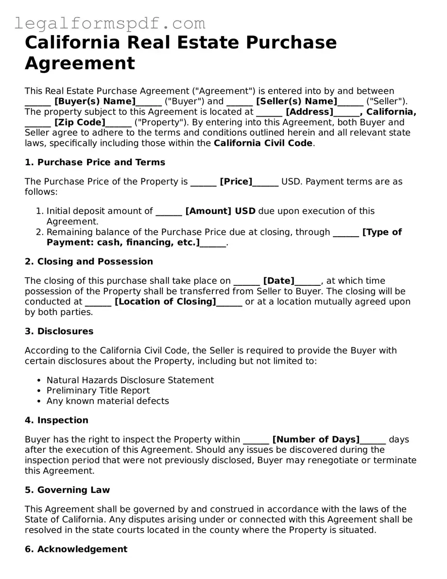 Fillable  Real Estate Purchase Agreement Document for California