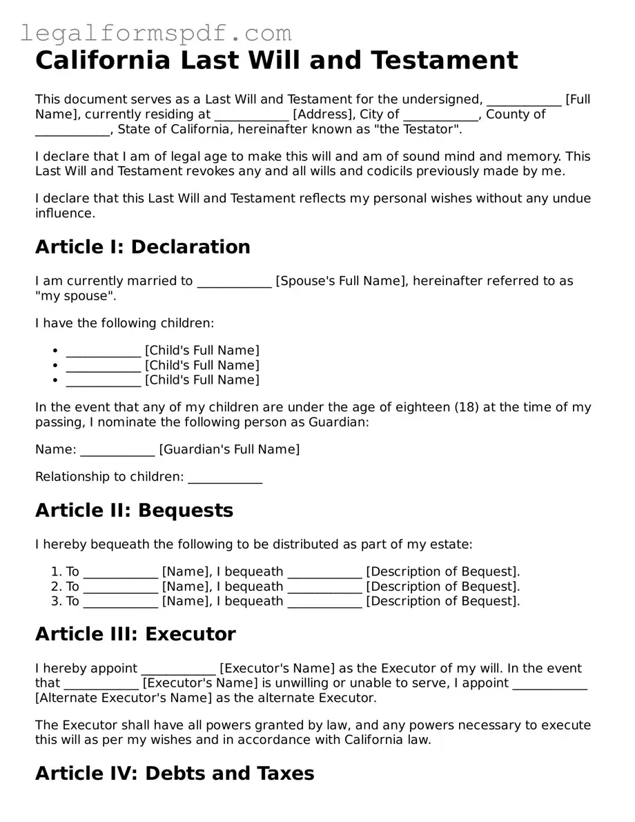 Fillable  Last Will and Testament Document for California
