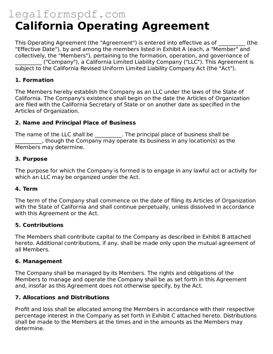 Fillable  Operating Agreement Document for California