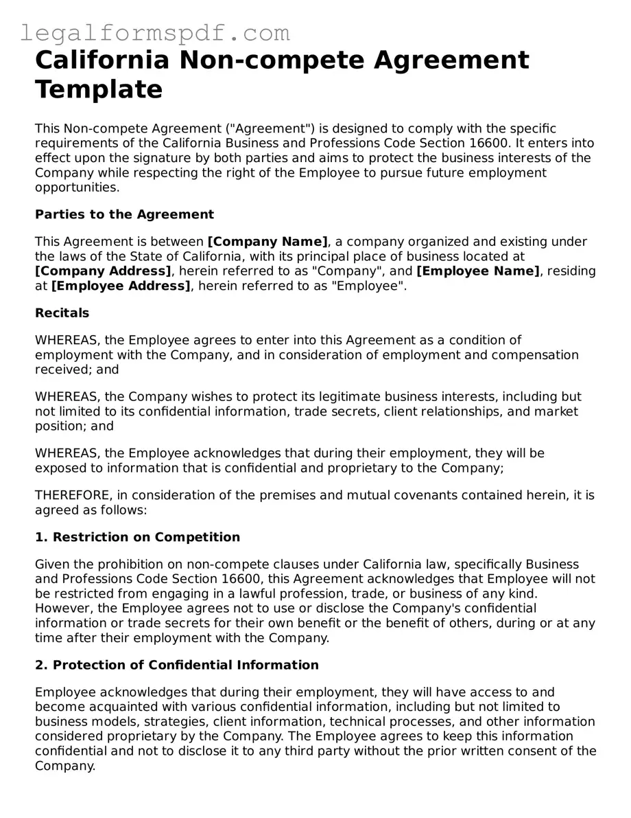 Fillable  Non-compete Agreement Document for California