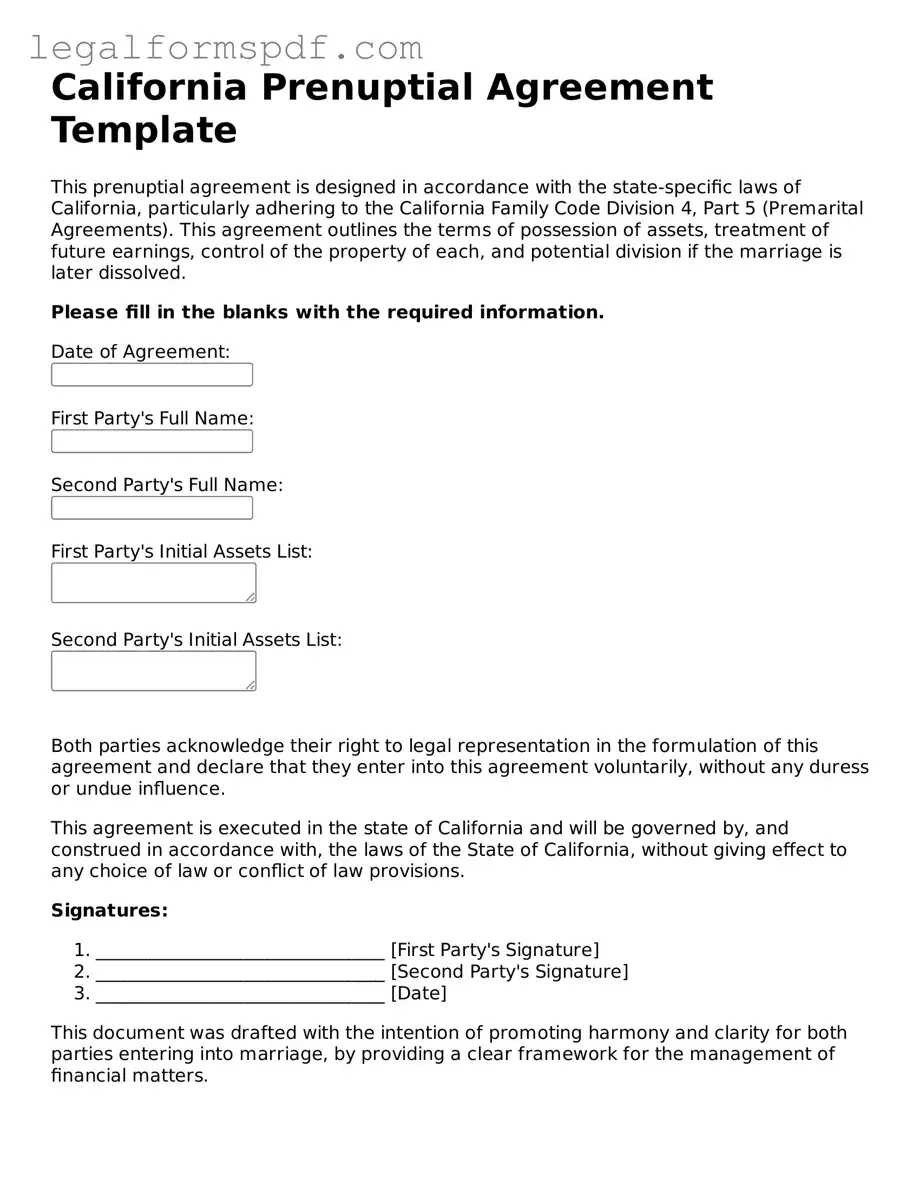 Fillable  Prenuptial Agreement Document for California