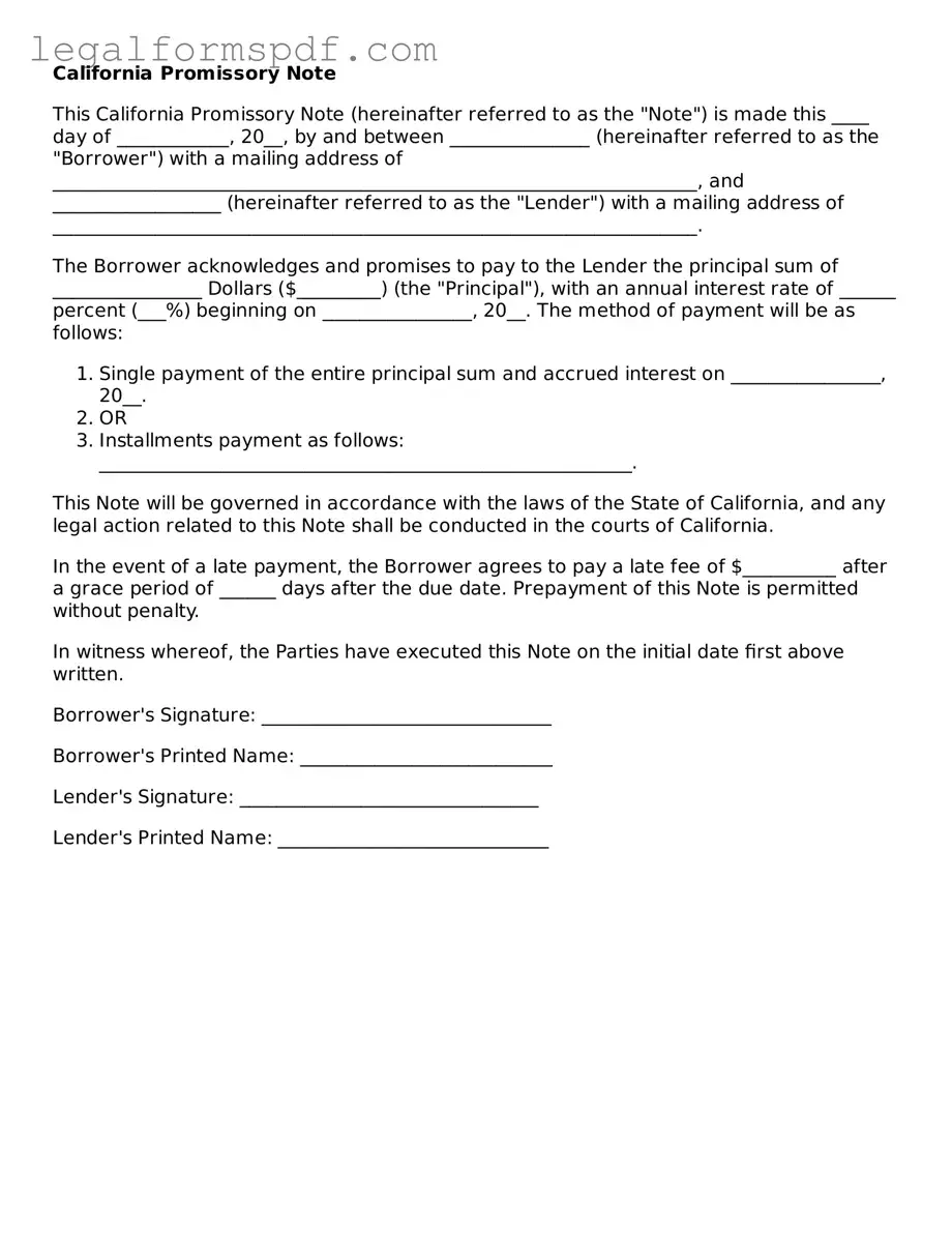 Fillable  Promissory Note Document for California