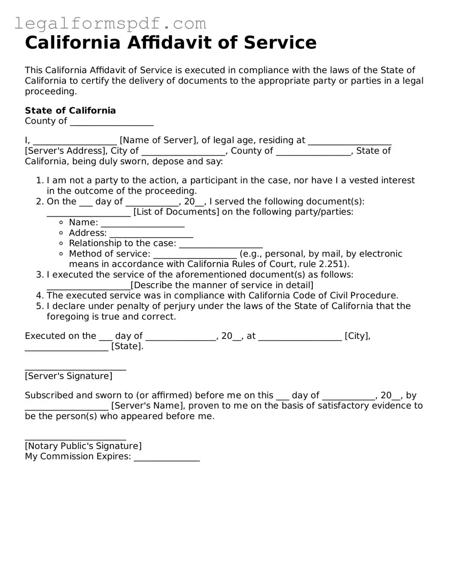Fillable  Affidavit of Service Document for California