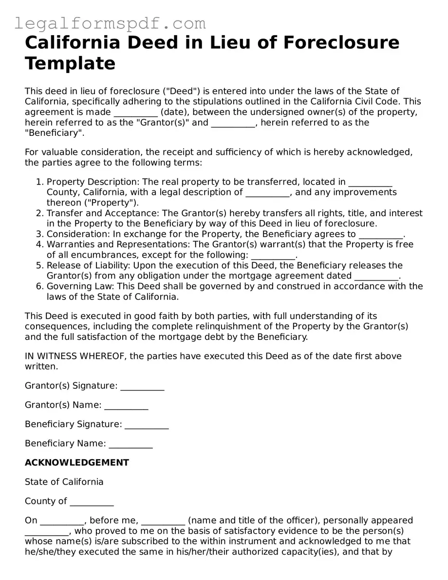 Fillable  Deed in Lieu of Foreclosure Document for California