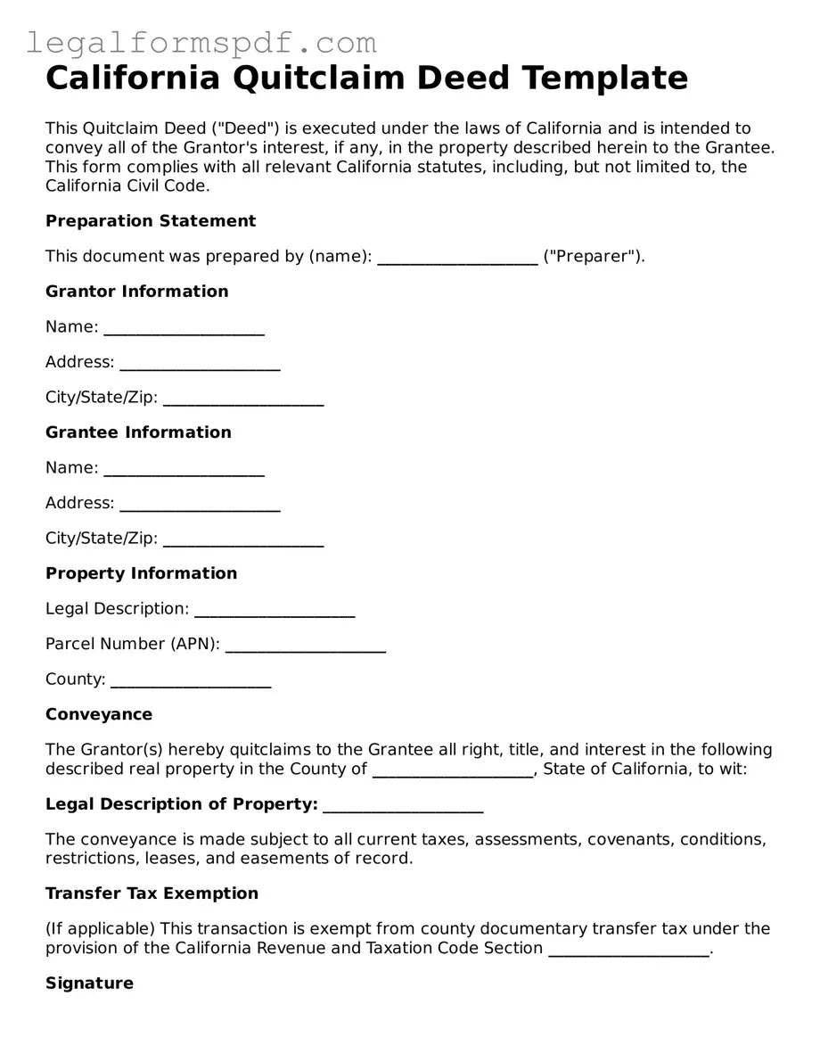 Fillable  Quitclaim Deed Document for California