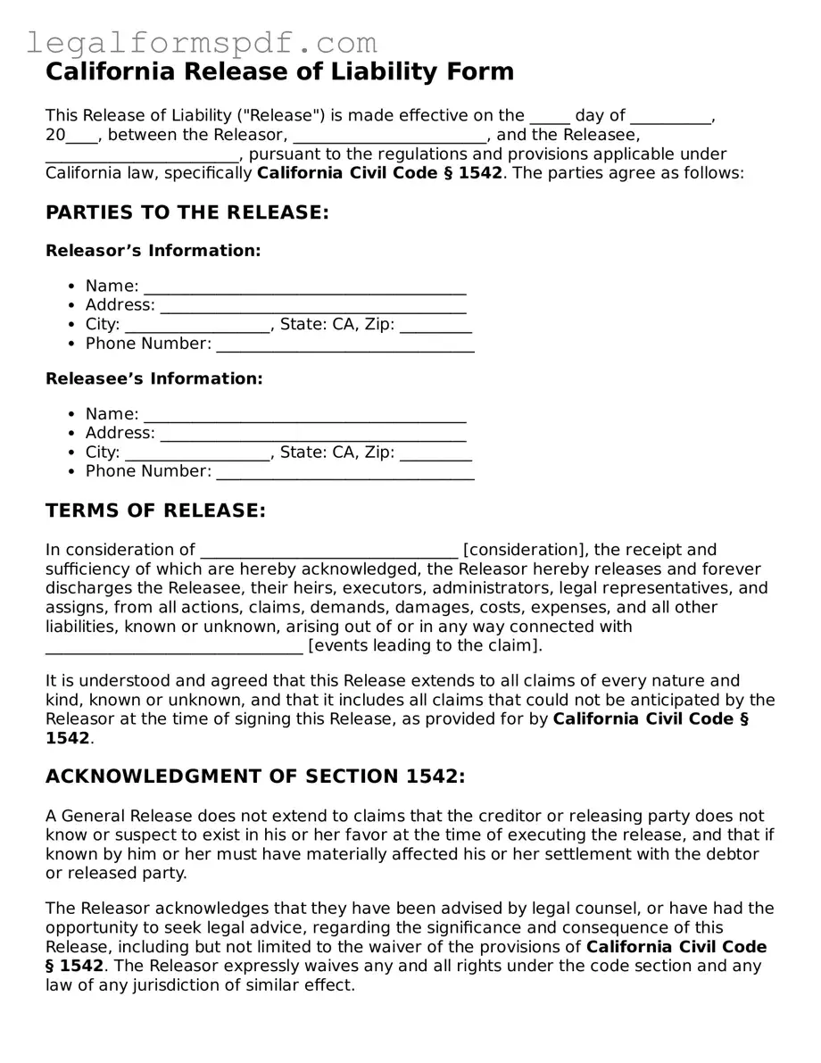 Fillable  Release of Liability Document for California