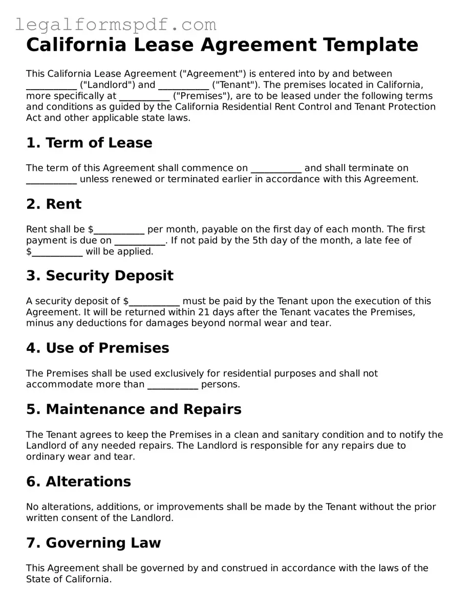 Fillable  Lease Agreement Document for California
