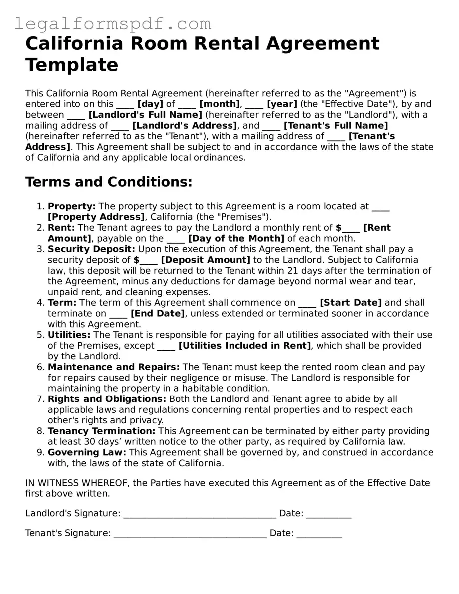 Fillable  Room Rental Agreement Document for California