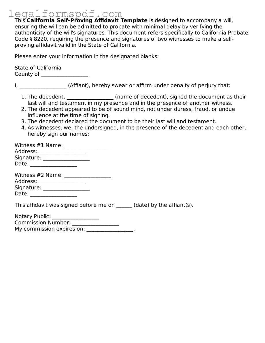 Fillable  Self-Proving Affidavit Document for California