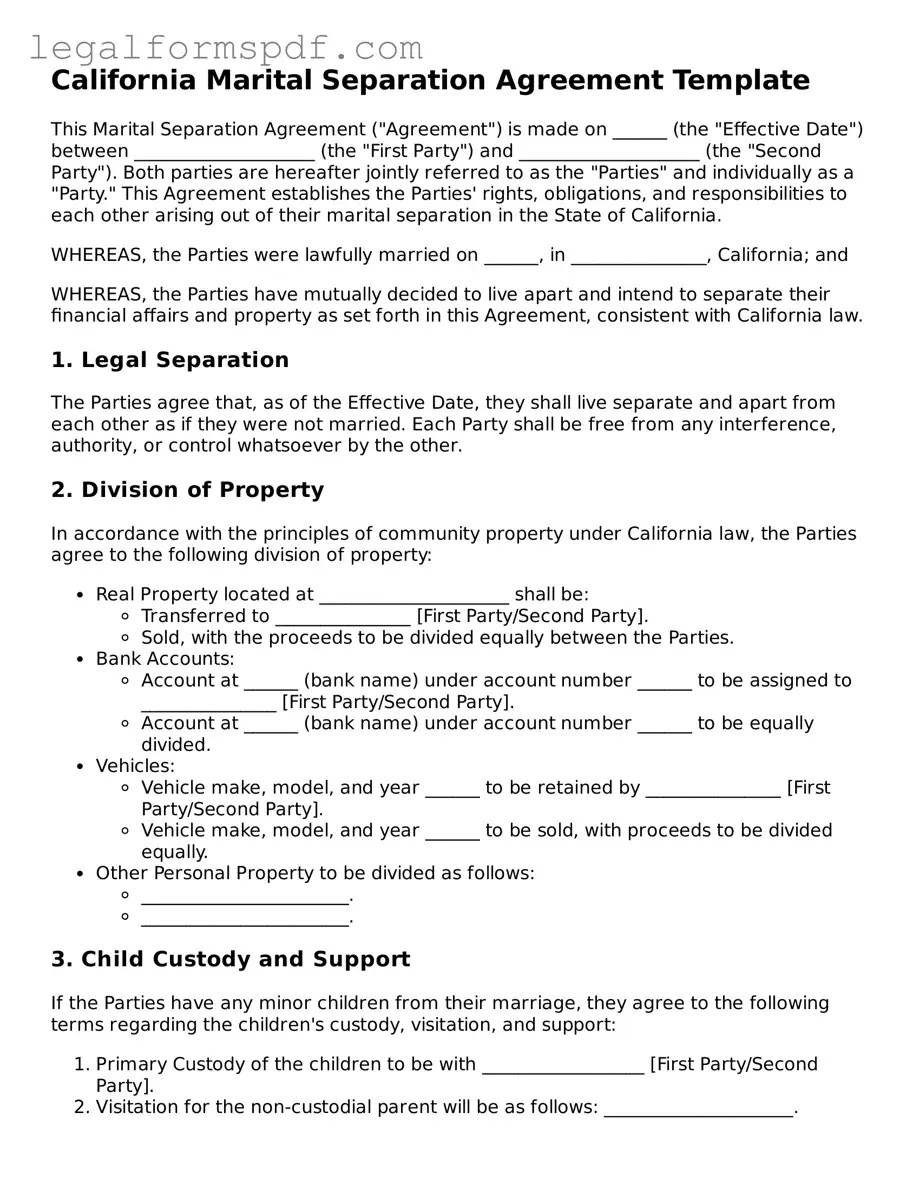 Fillable  Marital Separation Agreement Document for California