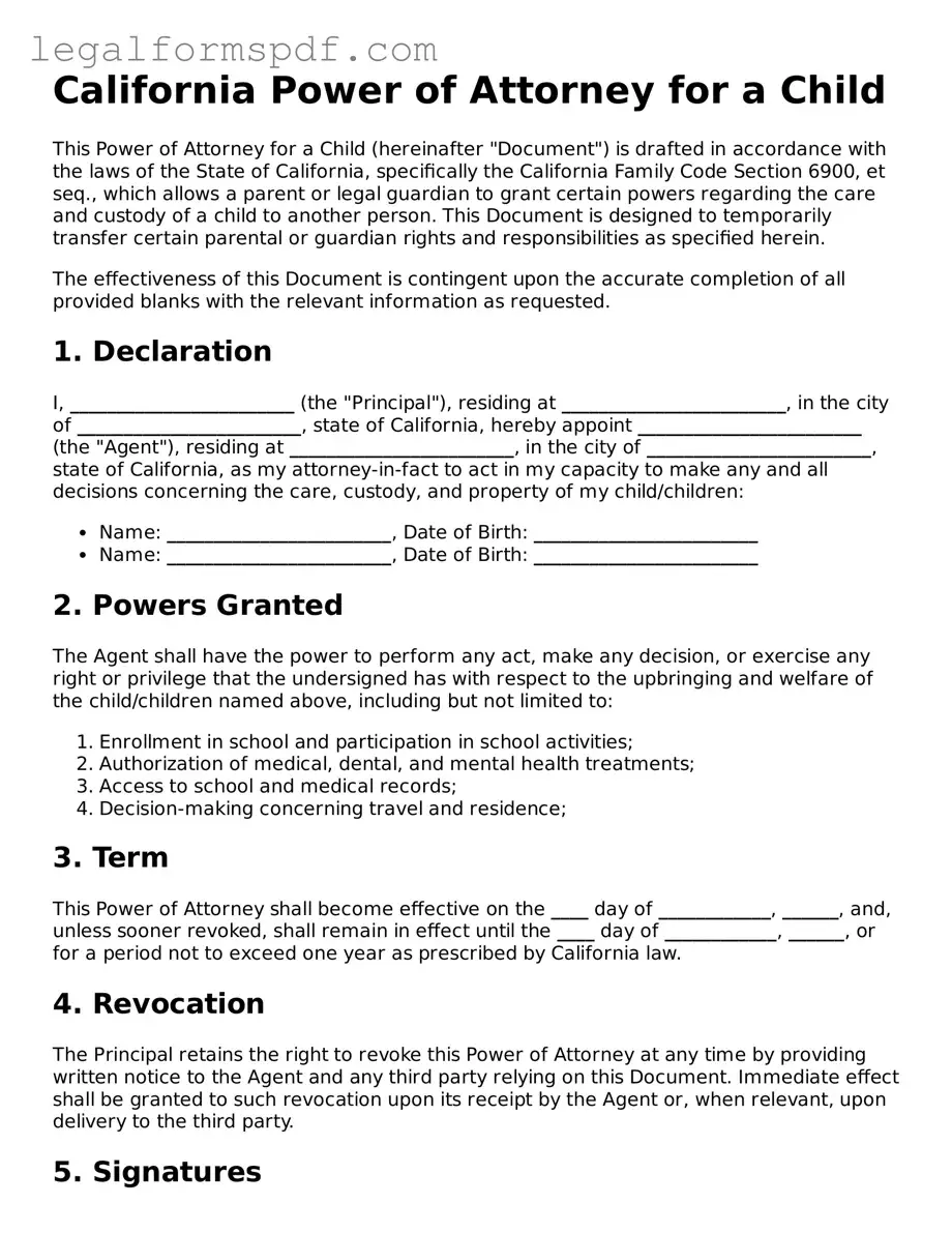 Fillable  Power of Attorney for a Child Document for California