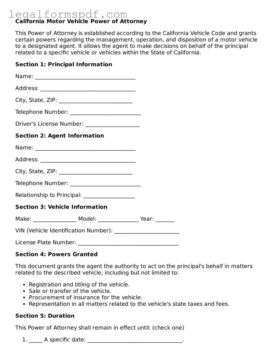 Fillable  Motor Vehicle Power of Attorney Document for California