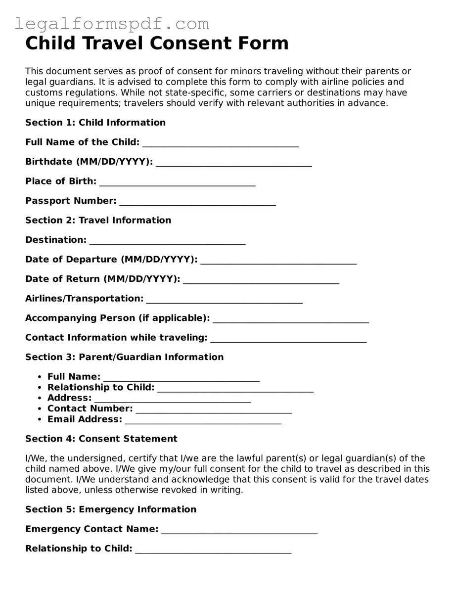 Official Child Travel Consent Form Document