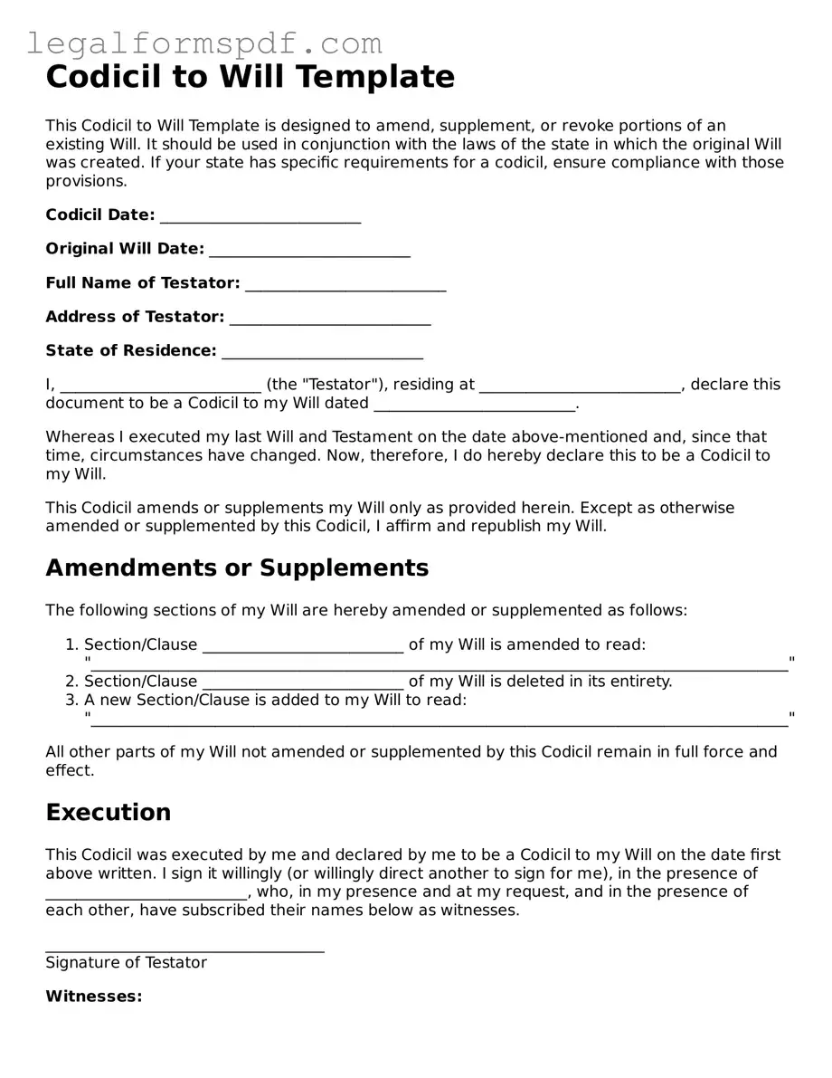 Official Codicil to Will Document