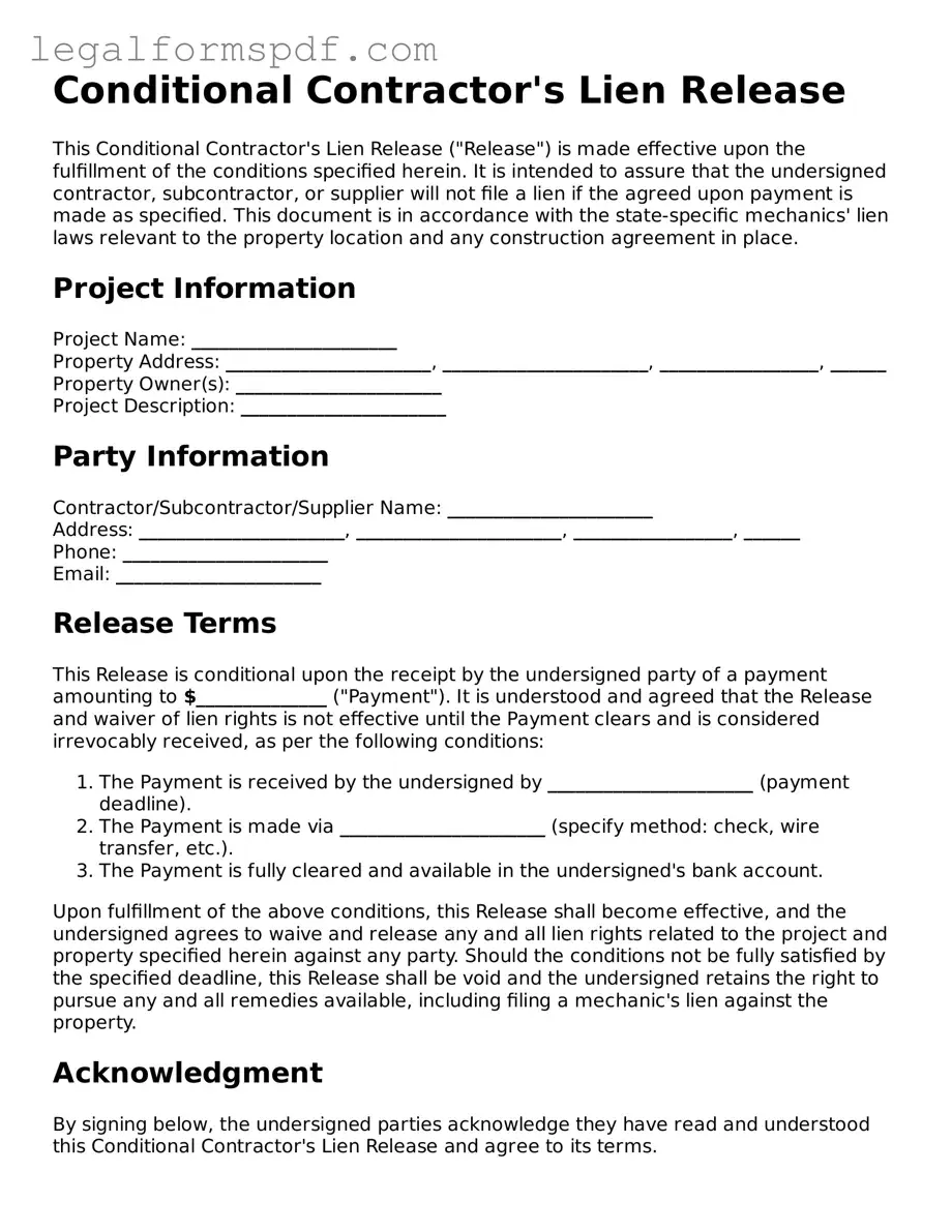 Official Conditional Contractor’s Lien Release Document