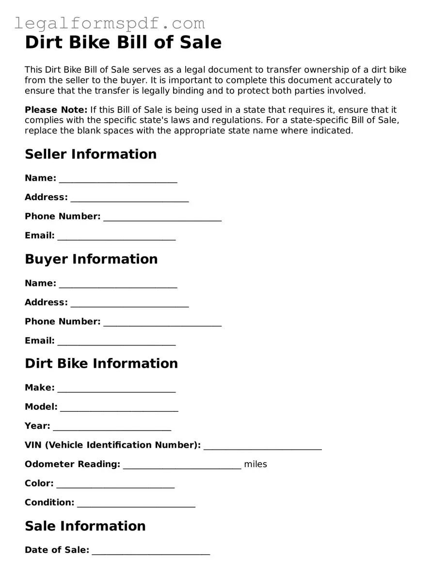 Official Dirt Bike Bill of Sale Document