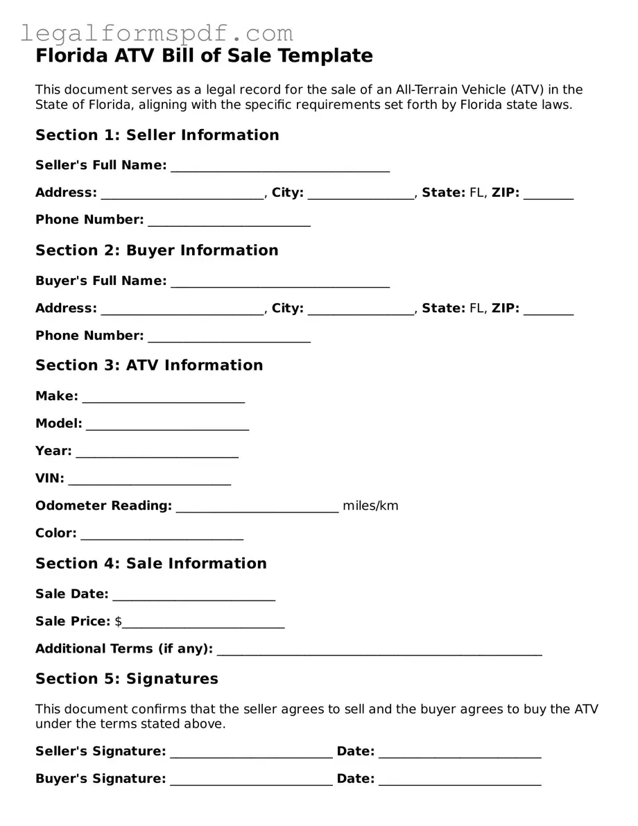 Fillable  ATV Bill of Sale Document for Florida