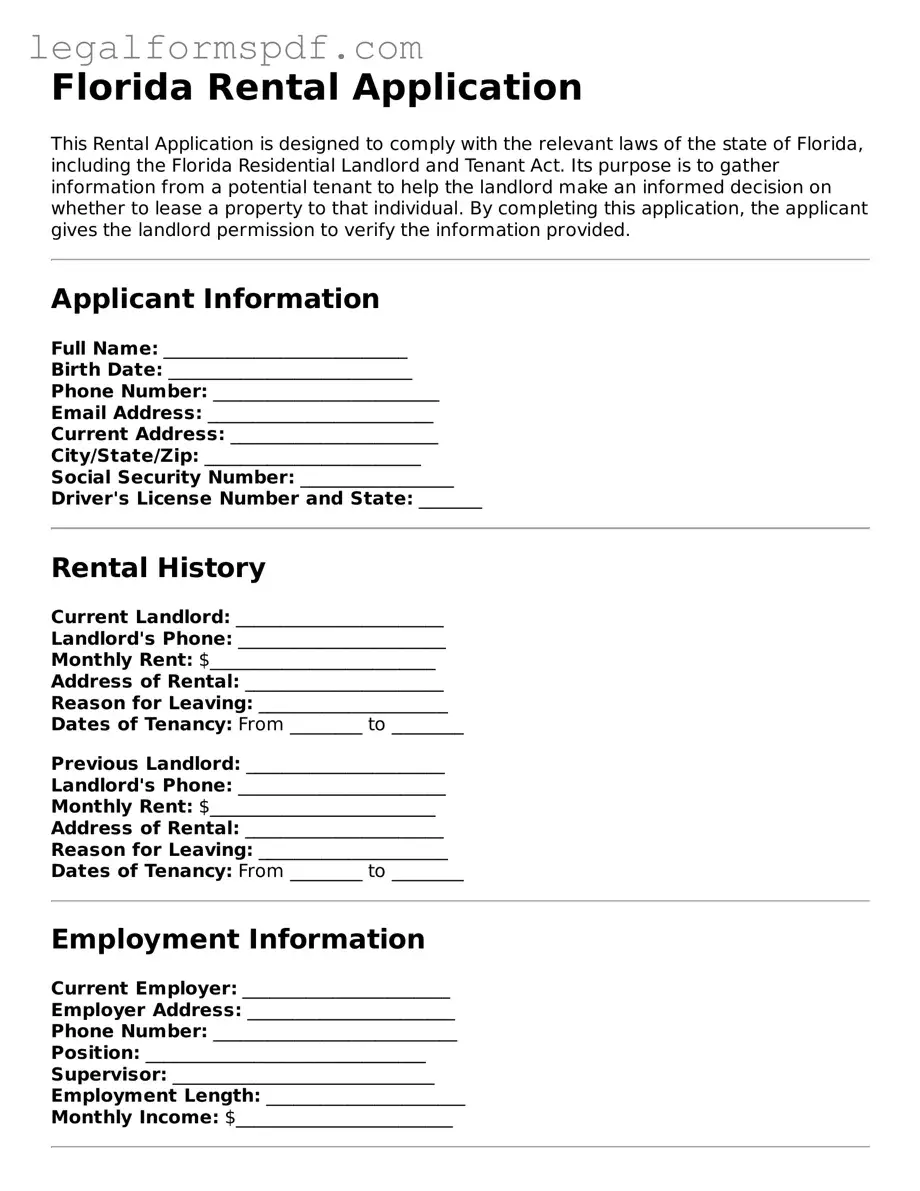 Fillable  Rental Application Document for Florida
