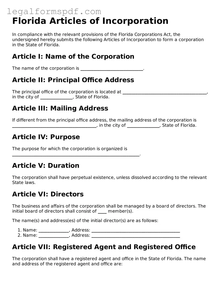 Fillable  Articles of Incorporation Document for Florida