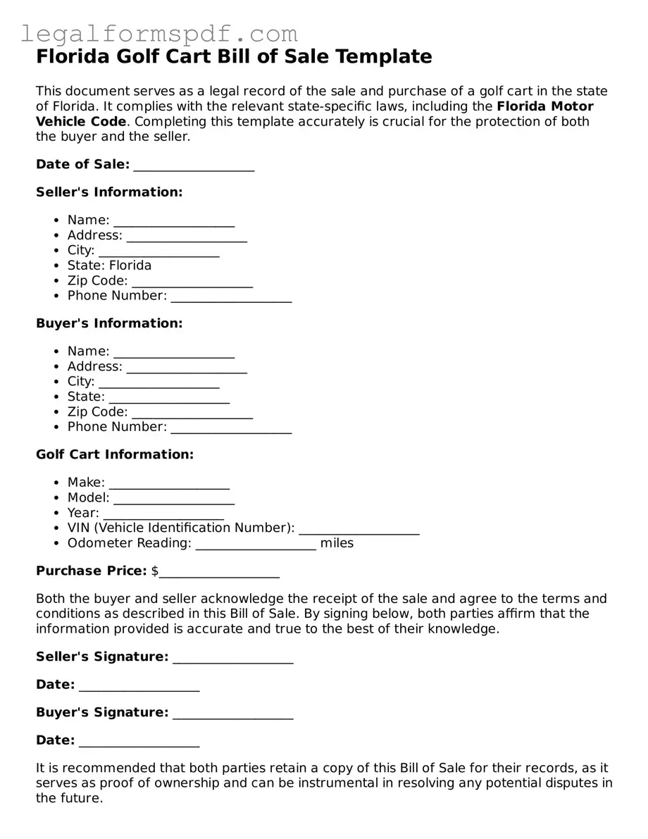Fillable  Golf Cart Bill of Sale Document for Florida