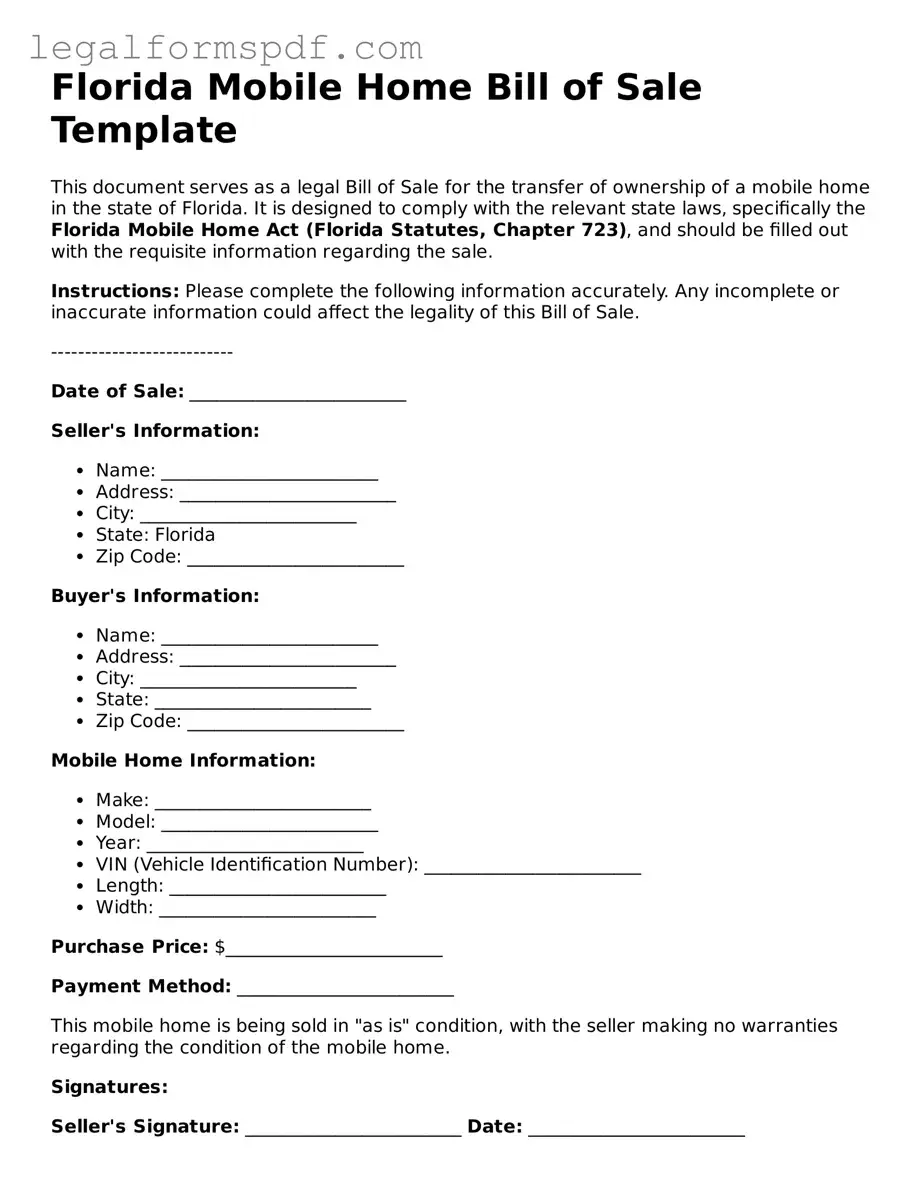 Fillable  Mobile Home Bill of Sale Document for Florida