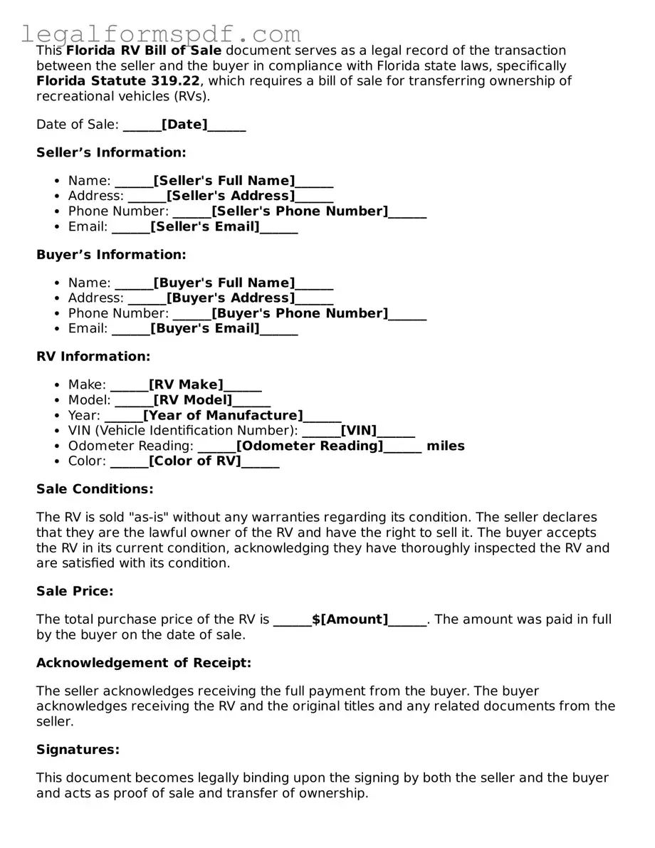 Fillable  RV Bill of Sale Document for Florida