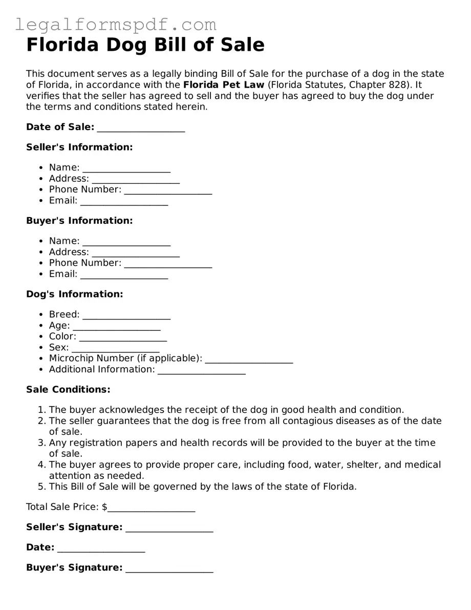 Fillable  Dog Bill of Sale Document for Florida