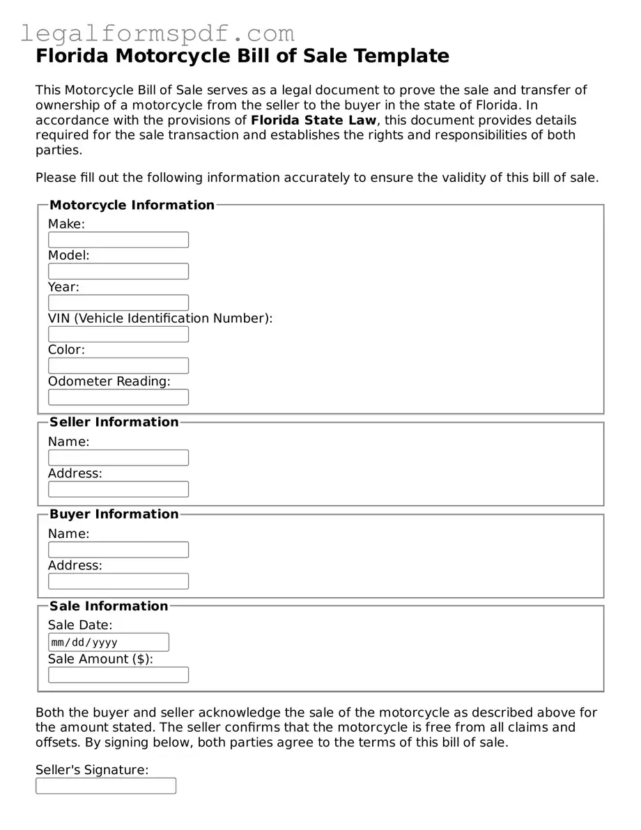 Fillable  Motorcycle Bill of Sale Document for Florida